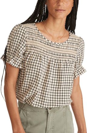Marine Layer Elena Windowpane Plaid Smocked Yoke Top in Parchment at Nordstrom, Size Medium