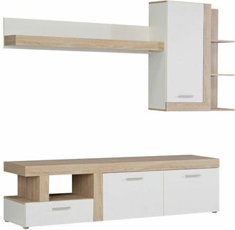 Home Heavenly Home Heavenly - Mueble Sal&oacute;n Modular Jelani De 217 Cm. Conjunto Completo Mueble Tv + Vitrina Con Estante. Color: Blanco-roble
