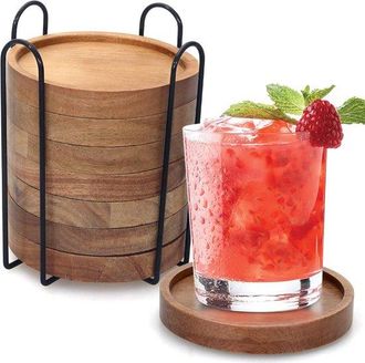 OEM Juego De 8 Posavasos R&uacute;sticos De Madera De Acacia, Estilo Restaurante Campestre, Con Soporte De Almacenamiento, Para Vasos De Cerveza Y Bebidas