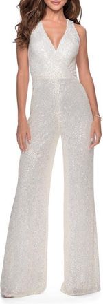 La Femme Long Sequin Jumpsuit with Criss Cross Back in White at Nordstrom, Size 00