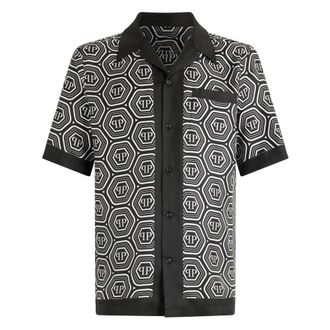Philipp Plein Silk Bowling Shirt Monogram 70s - Heren - Korte mouwen Overhemden - Zwart - L - Overhemden