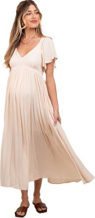 Pinkblush V-Neck Flutter Short Sleeve Midi Dress in Cream at Nordstrom, Size Large