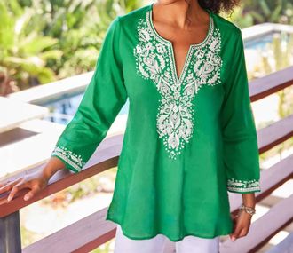 Karen Kane Esme Embroidered Tunic In Green