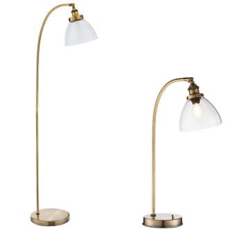 Loops Standing Floor & Table Lamp Set Antique Brass Glass Shade Retro Industrial Light in Clear