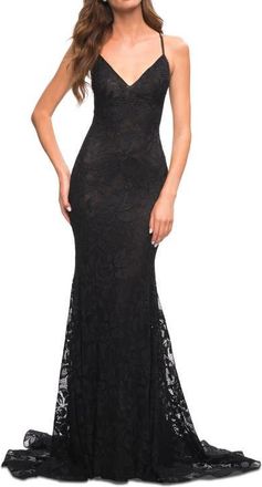 La Femme Stunning Mermaid Stretch Lace Gown with Low Back in Black at Nordstrom, Size 6