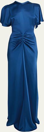 Victoria Beckham Gathered Waist Flutter-Sleeve Satin Gown