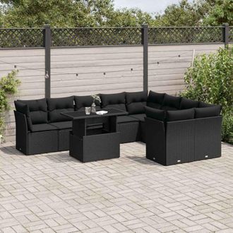 vidaXL Set De Sof&aacute;s De Jard&iacute;n 10 Pzas Cojines Rat&aacute;n Sint&eacute;tico Negro Vidaxl