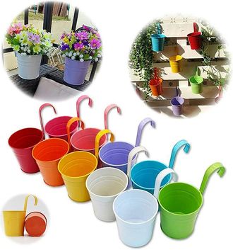 OEM Juego De 10 Macetas Met&aacute;licas, Jarrones Colgantes, Cestas Para Plantas Sin Orificios De Drenaje, Ganchos Desmontables, Valla De Jard&iacute;n, Decoraci&oacute;n De 