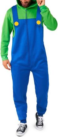 OppoSuits Super Mario Luigi Hooded Long Sleeve Fleece Jumpsuit in Blue at Nordstrom, Size Xx-Large