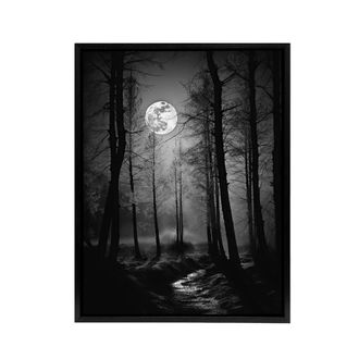 Artery8 Full Moon Over Misty Forest Landscape Framed Canvas Wall Art Print in Grey | Size: W24 x H32