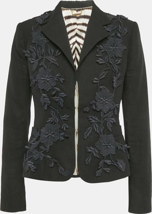Roberto Cavalli Black Floral Applique Linen Blend Blazer M