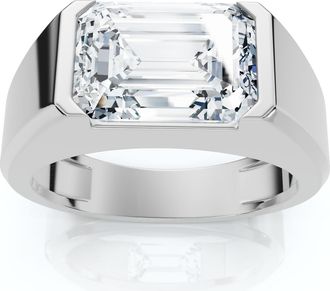 Pompeii3 Certified 3Ct Mens Emerald Cut Half Bezel Diamond Ring 14k Gold or Pt Lab Grown