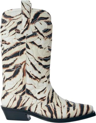 Ganni Mid Shaft Embroidered Western Boots - Dames - Cowboylaarzen - Beige - 41 EU - Leer - Schoenen