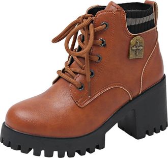 Generic Womens Chunky Boots Comfortable Stylish Biker Booties Round Toe Solid Color Knit Collar Faux Leather Lace Up Ankle Boots Parties Office