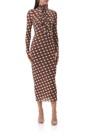 AFRM Bryony Long Sleeve Polka Dot Mesh Dress in Chocolate Halo Dot at Nordstrom, Size Medium