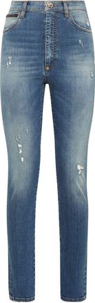 Philipp Plein high-rise skinny ripped-detail jeans - women - Cotton/Elastane/Cotton/Polyester - 26 - Blue
