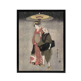 Artery8 Geisha Walking Snow At Night Framed Canvas Wall Art Print Kitagawa in Grey | Size: W24 x H32