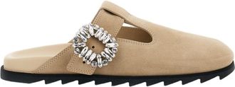 Roger Vivier Pointed Toe Slip-On Sandals with Ornate Silver Buckle