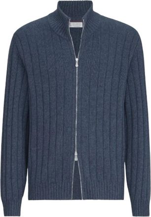 Brunello Cucinelli Cashmere Ribgebreide Cardigan met Rits - Heren - Cashmere truien - Blauw - L - Denim - Truien & Vesten