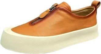 Generic ZBDP Fashion Men Zipper Loafers Thick Platform Cowhide Casual Shoes Vintage Outside Joggers Sneakers Skateboard Shoes Brown