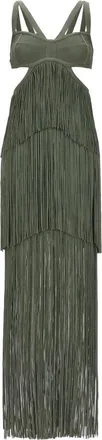H&eacute;rve L&eacute;ger Green Strappy Tiered Fringe dress