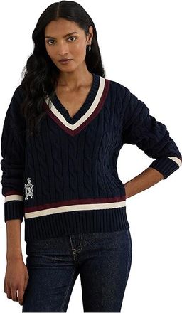 Lauren Ralph Lauren Cable-Knit Cotton Cricket Sweater Womens Sweater Lauren Navy/Cream/Dark Garnet : XL