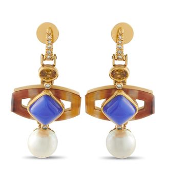Luxury Bazaar 18K Yellow Gold 0.28ct Diamond, Pearl, Tourmaline, Agate, and Chalcedony Drop Earrings MF14-071526