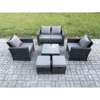 Fimous 6 Seater Outdoor Garden Furniture High Back Rattan Sofa Set with Square Coffee Table 2 Small Footstools Dark Grey Mixed - Fimous
