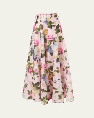Carolina Herrera Iris Floral Silk-Linen Faille Wide-Leg Skirt Pants