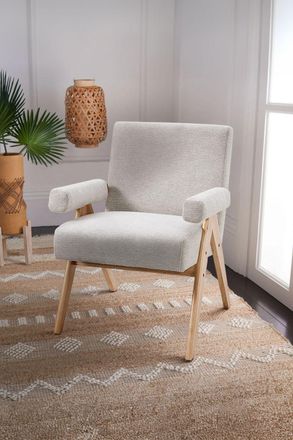 Living and Home Linen Upholsteried Wooden Armchair in Beige