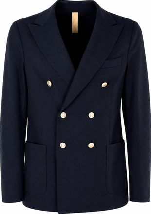 Eleventy Blue Double-Breasted Patch Pockets Cotton-Blend Blazer