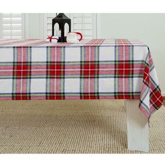 Solino Home Linen Tablecloth for Dining Table, Holiday and Everyday Dining Table Decor - Stewart Plaid in White at Nordstrom, Size X-Small