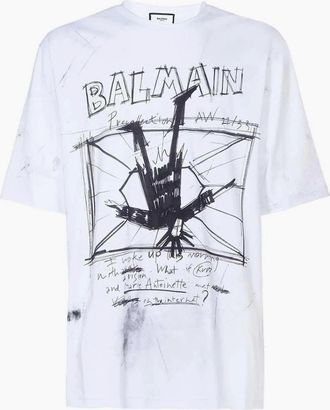 Balmain Mens Balmain Sketch Drawing Logo T-Shirt in White - Size: 40