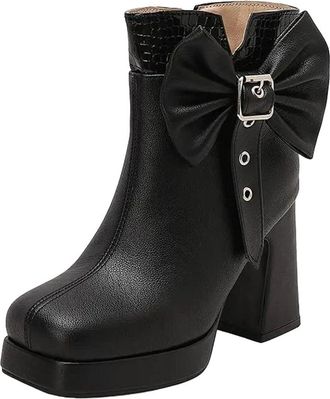 Generic Womens Elegant Platform Ankle Boots Square Toe Super High Thick Heel With Side Zipper And Butterfly-Knot Accent