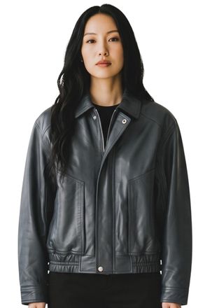Infinity Leather Womens Navy Leather Biker Blouson Bomber Oversized Jacket - Sibiu