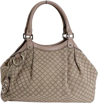 Gucci Beige Beige Brown Brown White Canvas Handbag Tote Bag (Pre-Owned)