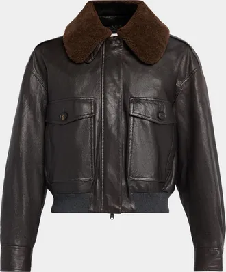 Brunello Cucinelli Waxed Leather Aviator Jacket With Lamb Shearling Collar