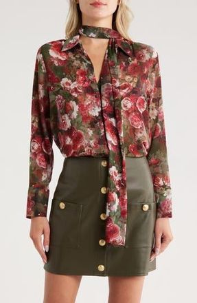 L'agence Basil Floral Long Sleeve Shirt with Scarf in Sage Multi Soft Cloud Floral at Nordstrom Rack, Size Medium