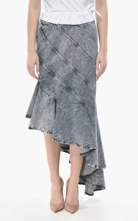 Alaia Gonna Asimmetrica in Denim con Cuciture Trasversali Alaia