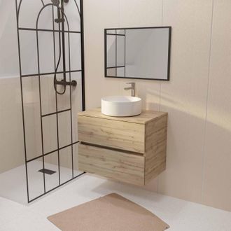 Aurlane Aurlane - Mueble De Ba&ntilde;o 70 Decor Roble 2 Cajones Lavabo Blanco Redondo Espejo 70x50