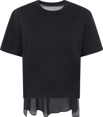 sacai Tops, Dames, Zwart, M, Katoen, Twill Katoen Jersey T-Shirt
