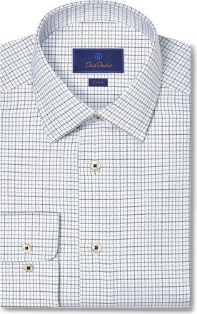 David Donahue Trim Fit Textured Herringbong Check Cotton Dress Shirt in White/Chocolate at Nordstrom, Size 17.5 - 34