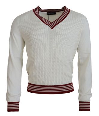 Dolce & Gabbana White Red Knitted V-neck Pullover Mens Sweater