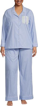 Lands End Cotton Poplin 2 Piece Pajama Set - Long Sleeve Top and Pants in Crisp Blue Stripe at Nordstrom, Size 2X