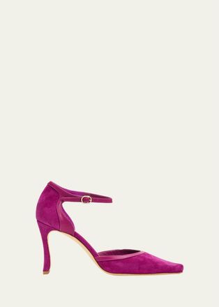 Manolo Blahnik 90mm Verdusan Mixed Leather Ankle-Strap Pumps