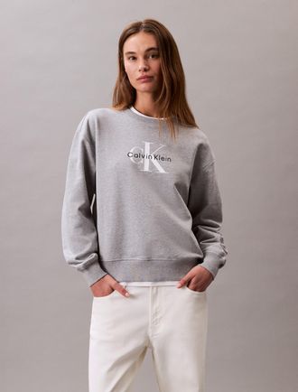 Calvin Klein Jeans Sweatshirt CALVIN KLEIN JEANS LS MONOLOGO FRENCH TERRY RLXD CR, Damen, Gr. XXL (46), heroic grau heather, Web, Obermaterial: 100% Baumwolle, regular f