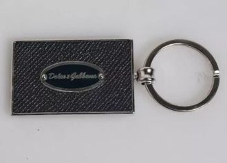 Dolce & Gabbana Mens Black Leather Logo Metal Ring Keychain Keyring - One Size