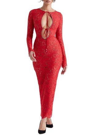 House of CB Lisandra Crystal Trim Long Sleeve Lace Dress in Red at Nordstrom, Size X-Small