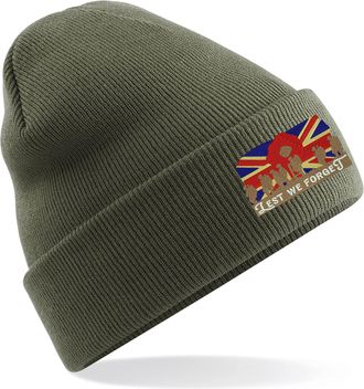 Generic Embroidered Lest We Forget Anzac Day Beanie Cap British Veterans Remembrance Day Poppy Flower UK Unisex Gift Beanie Hat (Military Green)