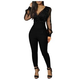Generic Elegant Festive Glitter Jumpsuit Womens Jumpsuits Long Sleeve High Waist Cocktail Party Set Women Sexy V-Neck Mesh Bodysuit Festive One-Piece Overalls